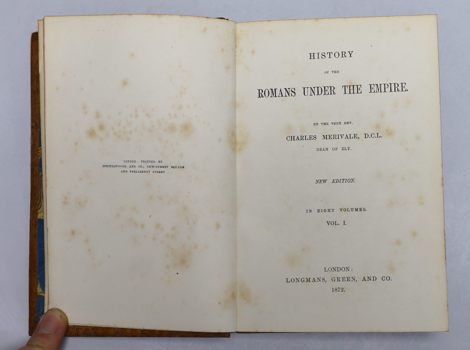 Merivale, Charles - Romans Under the Empire, 8 vols, 8vo, tree calf gilt, Wellington College prize, Longmans, Green & Co., London, 1874